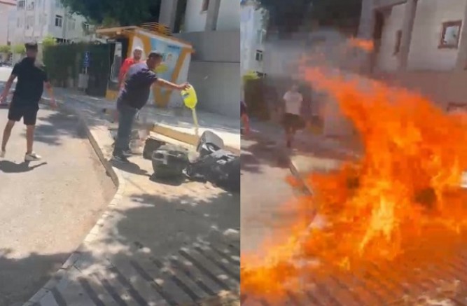 Belediye önünde ses sistemini ateşe verdi